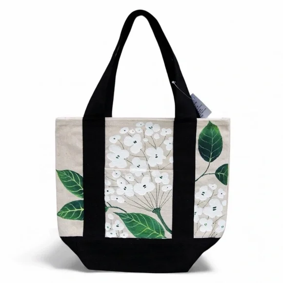 Hand Painted Floral Canvas Tote Bag – White Hydrangea – Washable – One of a Kind - Picture 2 of 3